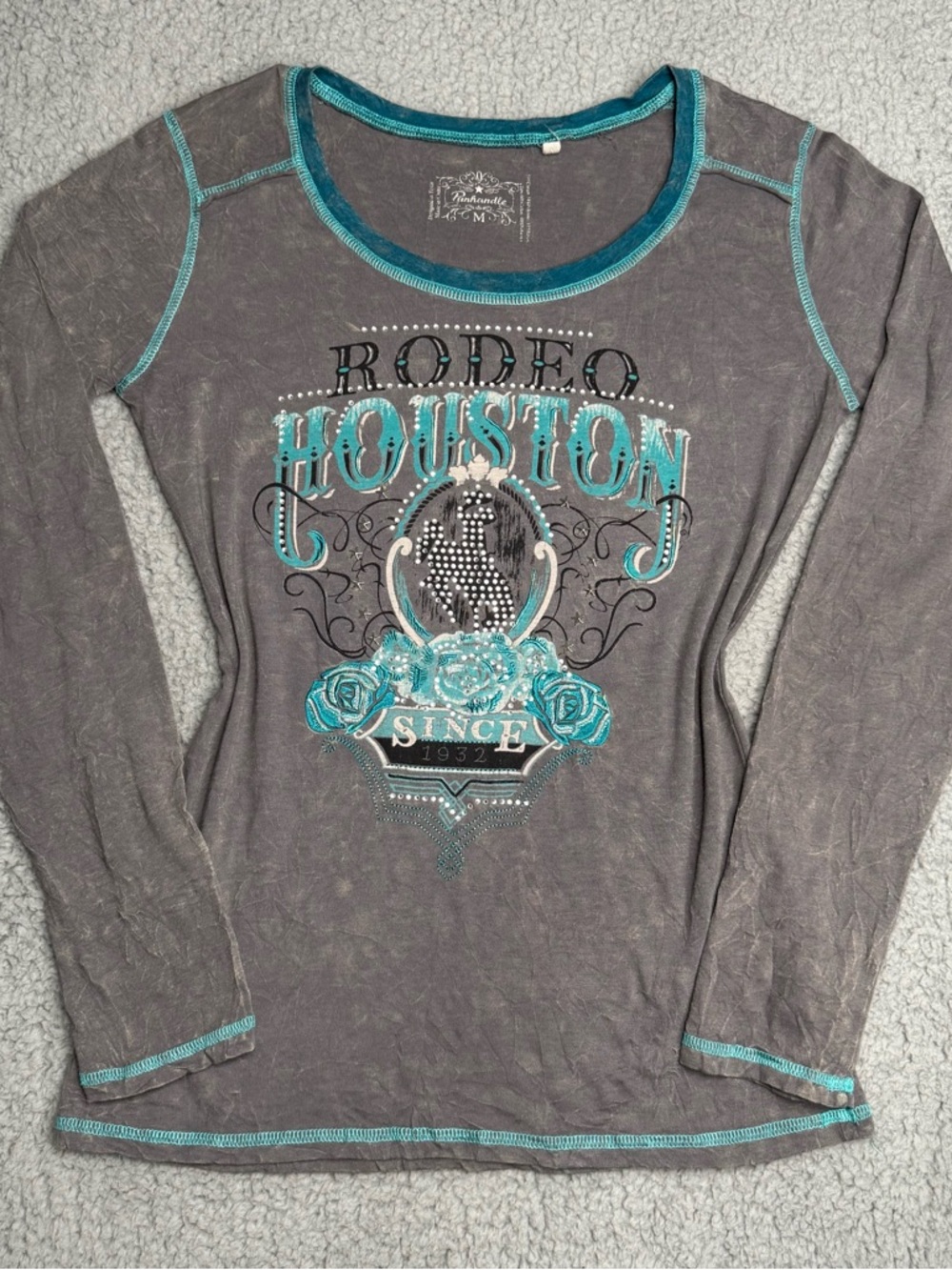 Panhandle Rodeo Houston graphic long sleeve top western cowgirl bling size M